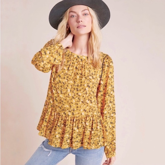 Anthro Maeve Mustard Floral Swing Peplum Blouse Top - Picture 2 of 13